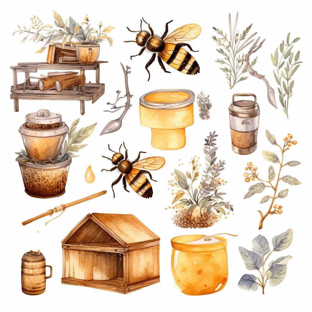 Watercolor boho backyard beekeeping, illustrations clipart set, simple ...