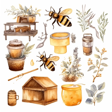 Watercolor boho backyard beekeeping, illustrations clipart set, simple, soft colors, cartoon elements, different variants, beekeeping related items, beehives, beecomb, bees separate elements with a margin