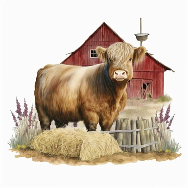 Highland Longhair Cow standing on a hay bale, with a red barn in the background, Watercolor, Clipart, sweet, cute, transparent background PNG