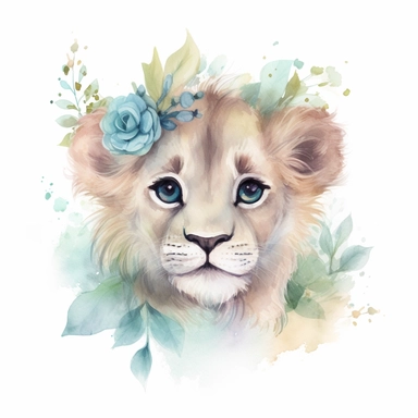 super cute newborn baby lion clipart with huge cute blue eyes long fur smiling painted in watercolour style, splashes, pastel pink and sage green floral elements, white background 8k hd