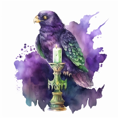 a beautifull gothic witch eagle with watercolour effect,mystic candlestick, shiny natural diamond,twinkles,suitable for digital clipart ,purple color,green color, magical colors, fantasy scene,white background