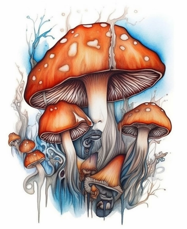 paint with alcohol pens mushrooms, in the style of realistic fantasy artwork, realistic watercolor paintings, adi granov, soggy, mystic symbolism, orange and azure, cute and dreamy, clipart graphic, white background