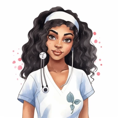 Beautiful black woman nurse with straight hair, folk art, watercolor, clipart, kawaii, white background