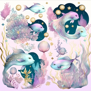under the sea flowers and fishes elements, digi art, clipart, realistic pastel colors, light magenta and light indigo, maximalism, whimsical , subtle color gradations, gold and silver, minimalist,