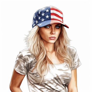 a gorgeous American soldier, her t-shirt and hat represent her flag, vibrant colors, clipart with white background,--v 5