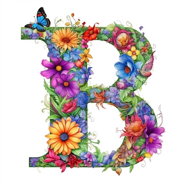 A digital illustration of the flower alphabet clipart for the letter A, featuring a vibrant and whimsical style reminiscent of the works of Beatrix Potter. The letter B is creatively formed by a variety of colorful and intricate flowers, each with its own unique shape and petal arrangement. Against a clean white background, the floral A stands out prominently, exuding a sense of elegance and natural beauty. Soft, diffused lighting ensures that every detail of the flowers is showcased with clarit