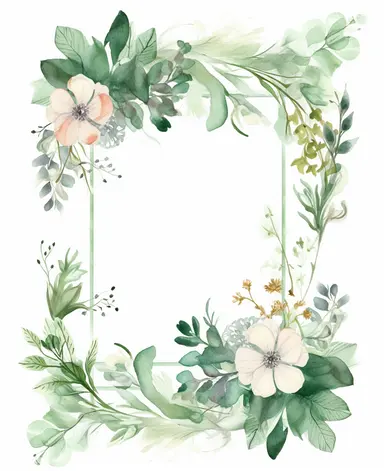 rectangle floral frame, thin border, green flowers and leaves, minimal with white space in middle, clipart, watercolor flowers, hand drawn, white background, clipart,