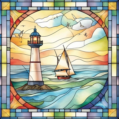 A parallelogram-shaped stained glass window clipart, illustrating a serene beach scene with a lighthouse, seagulls, and sailboats in the distance. Rendered in a hand-drawn, watercolor style with a white background for easy cutting.