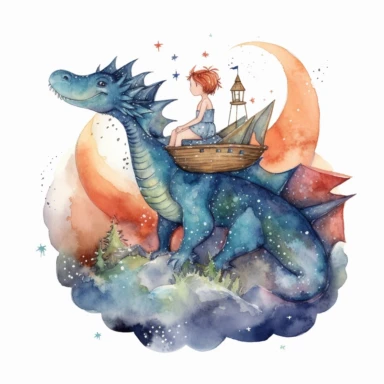 showing from the back toddler soar through the sky on the dragon's back. They can see the entire magical world below them , and the stars twinkle above, watercolours, boho style, clipart