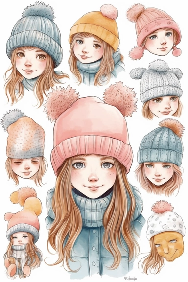 cute girl with beanie fantasy set of clipart on white background