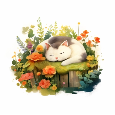 Cat asleep in a flowerbed, high definition, 8k, insanely detailed, white background, isolated clipart, fine detail, sharp focus, illustration, vector, children's book illustration style, bright and colourful illustration style of Jon Klassen and Atey Ghailan