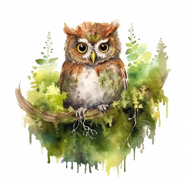 Create a watercolor-style clipart of a screech owl perched on a mossy branch, set against a gentle white background. The branch, with its vibrant green moss and intricate texture, adds a touch of whimsy to the composition. Delicate watercolor strokes capture the richness of the moss and the subtle variations in the branch's bark. The screech owl, with its compact size and expressive yellow eyes, emanates a sense of curiosity and playfulness. Its feathers exhibit a captivating blend of warm brown