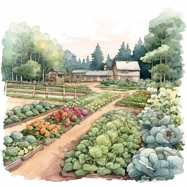 A depiction of a flourishing vegetable garden with rows of crops, highlighting the self-sufficiency and bounty of a farm, light watercolor, watercolor splash, few details, Studio Ghibli, clipart, white background