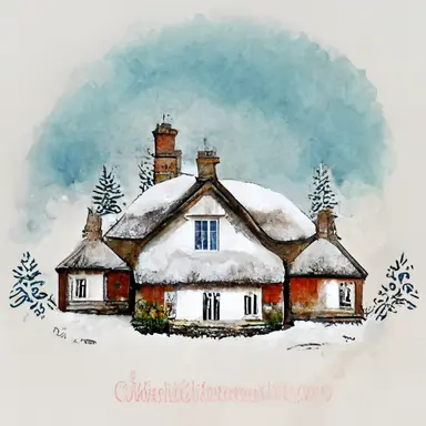 christmas, cute English country cottage, symmetrical, winter, snow, watercolor, clipart