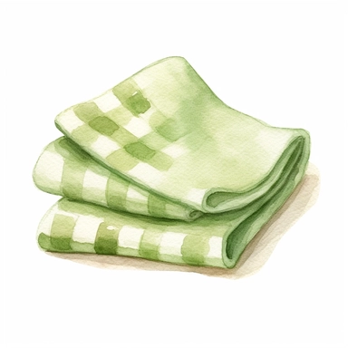 watercolor clipart of a pale green gingham tea towel, vintage homely vibes, isolated on white background