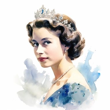 A youthful portrait of Queen Elizabeth II in her early reign years, showcasing her iconic style and grace, Clipart, watercolor, white background, intricate detail.