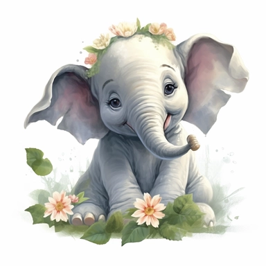 cute baby elephant with a smile on its face and flowers, soft color, HD, cartoon image, on white background Clipart,Cartoon, hyper realistic, intricate detail, illustration style,high solution,on the white background
