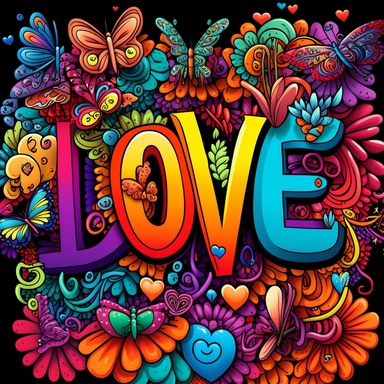 The word love  on top of ,multiple Valentine hearts, butterflies, diamonds, Quirky, Whimsical ,Magical, bright rainbow colors, Seamless Pattern , Clipart, Cartoon, Blossoms Inky Wonderland Doodles, cartoon, illustration, hyper realistic, intricate detail, cartoonish style seed 1467933555
