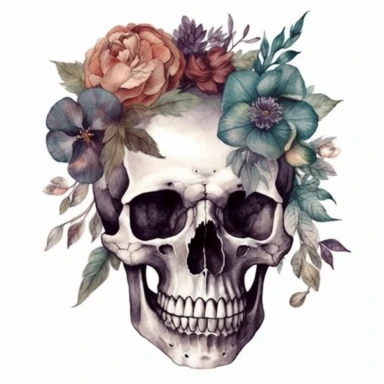 watercolor clipart, carved skull on the left, large flowers and plants, leaves, dark pastel color, gothic style, white background