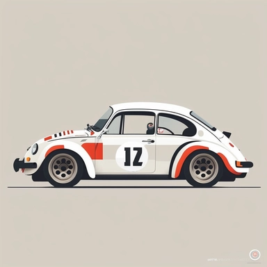 minimalist clipart of a Vw beetle race car , flat design, digital art, white background - Upscaled by <@1021281452953976843> (fast)