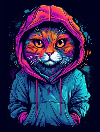 a portrait of a cat wearing a trippy colorful hoodie, looking depressed and annoyed with his paws in the pockets of the hoodie, vector illustration, clipart, outlines, portrait, detailed, artistic