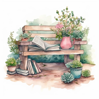 watercolor, hyper realistic, white background, white margins, 16k, ultra detailed clipart, cut out image, hand-drawn, whimsical, sticker style a peaceful garden corner with a wooden bench and a coffee table, a potted plant, and a stack of books. The color theme is pastel greens and pinks, with white flowers.