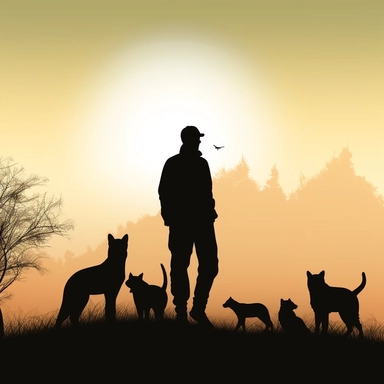 Man standing on a hill with a dog near him and a few cats walking around, silhouette, clipart