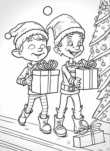line art, black and white, elves working for santa claus, christmas, happy mood, cartoon sketch, coloring page for kids, coloring page for children, thick lines, realistic, drawing, printable outlined art, crisp lines, No background, clip art, hand drawn, No shadows, drawing, No gray, no shades, high contrast. The line art should be clean and crisp, with uniform thickness and minimal shading, to provide a user - friendly coloring experience.