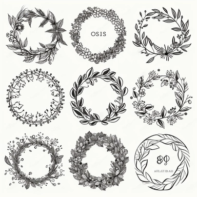 9 different circle wreath clipart designs, 80% of all circles' circumferences drawn with solid line or dotted line or invisible line and 20% of remaining circles' circumferences drawn with very simple minimalist, stylish leaf or flower figures, white background, simplified line drawing style, 8k