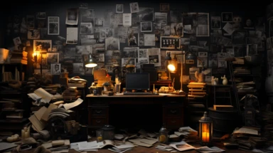 Design a visually captivating office background for your YouTube channel, dedicated to unexplained phenomena and conspiracy theories. Create an atmosphere that reflects the intrigue and investigative nature of the content. Select an office space wall with a blend of vintage and modern elements, incorporating elements like newspaper clippings on the walls, photographs of monsters, maps and books. Choose a well-matched color palette that evokes mystery and curiosity, combining deep blues, earthy t