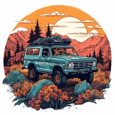 offroad floral advventure car 4*4 vehicle truck between high mountains and trees, vivid colors, sunset, clipart, hd, white background