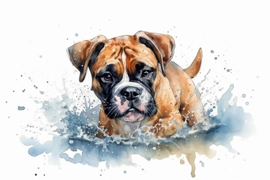 watercolor cute puppy Boxer playing in water clipart, hd, on white background, spaced out