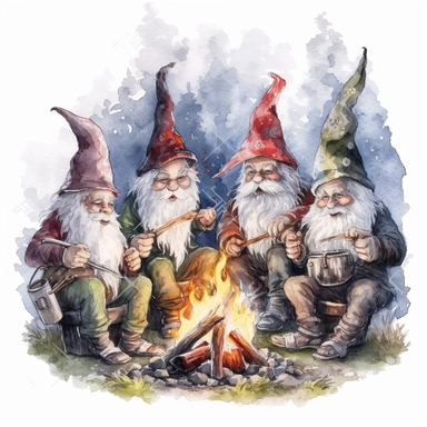 watercolor, hyper realistic, white background, white margins, 16k, ultra detailed clipart, cut out image, hand-drawn gnomes gathered around a bonfire,