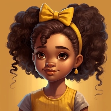 illustration concept of cartoon african girl with a bow clip art, in the style of lilia alvarado, yellow and gold, poodlepunk, walt disney, realistic portrait drawings, charming anime characters, 32k uhd