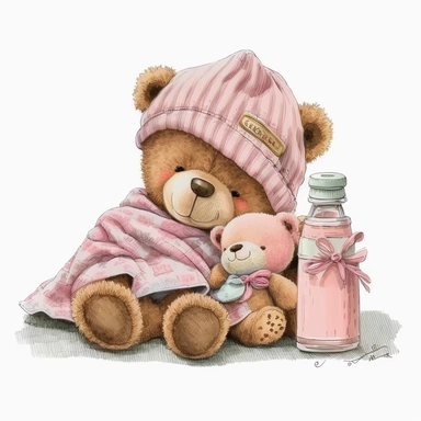 an ultra Cute little newborn baby teddy bear wearing pyjamas, baby pink traditional classic ((striped button up pyjamas)) and a bedtime hat and is sitting on a baby pink blanket with a baby bottle watercolour, cute,, bedtime, sleepy, dreamy, isolated on w