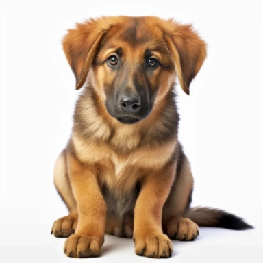 hyper-realistic clipart of an adorable German Shepherd puppy on a white background. Capture the playful and curious nature of the puppy, showcasing its intelligence and loyalty. Pay attention to the distinct features of the German Shepherd breed, including its pointy ears, expressive eyes, and beautiful coat markings. Use a mix of warm and neutral tones to bring out the puppy's natural colors and textures. Focus on the puppy's endearing face and capture its innocent and gentle expression. Add su