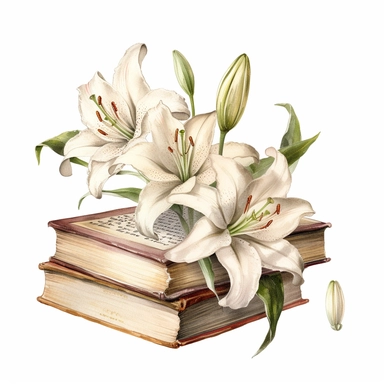 beautiful casablanca lilies on vintage books, detailed realistic watercolor illustration, white background clipart