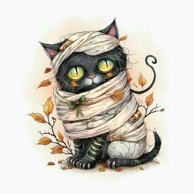 cute mummy black cat halloween, Watercolor style, Clipart,highly detailed on white background