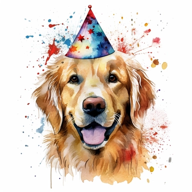 watercolor of a birthday golden retriever isolated on a white background, detailed ,realistic ,rtx on,textural richness,colorful imagery,digital illustration, clipart,