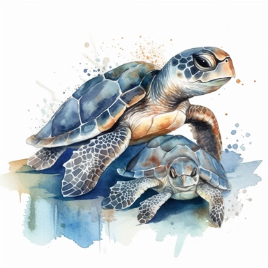 Watercolor clipart . Sea Turtle Motherly Love: Illustrate a sea turtle with its hatchlings, emphasizing the nurturing bond between a mother and her babies. The sea turtle proportion is same as real sea turtle, Left some white empty space around the image frame,