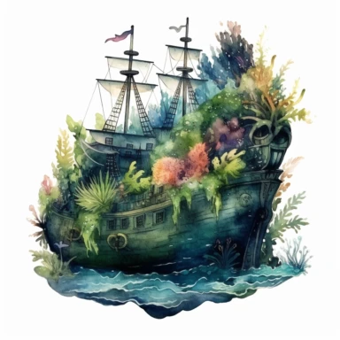 Horror style overrealistic mystical submerged pirate ship covered mosses and seashells bottom of the sea with watercolor effect, dark blue water, dark green mosses, deep water, sea plants, coral and mussel, , random fishes, undersea details, suitable for digital clipart, white background