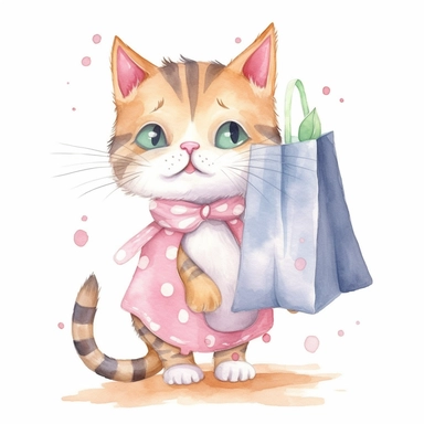 Adorable watercolor clipart of a playful cat with a paper bag, capturing the joy and innocence of pets, with soft and pastel colors, perfect for a children's book illustration, cute and charming, high-quality artwork, hand-painted with attention to detail, a true work of art.