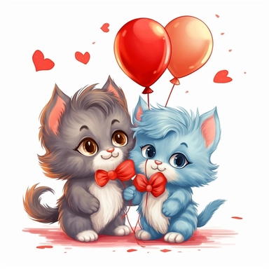 two cute Persian kittens boy and girl kissing and hugging in love and a lots of red hearts baloons aroud them clipart