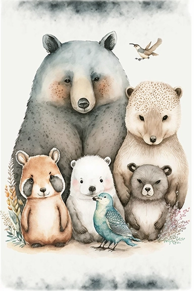 watercolor illustration, cute eoodland animal family Nursery Art, Nursery Poster, Kids Wall Decor, Kids Art, Nursery clipart isolated on white background