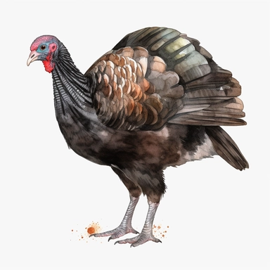watercolor, Turkeys: Turkeys are kept for their meat and are found in many countries, particularly in the United States, Mexico, and Brazil. png Full body realistic cartoon in 32K UHD cute. 15 cm thick outline. Black color. There was no shadow on the ground. 8K with realistic watercolors and detailed illustrations. PNG clipart, transparent white background