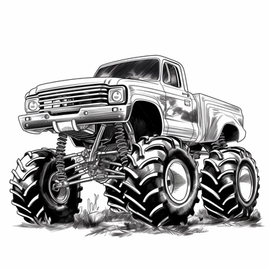 black and white monster truck clipart, 2d vector , sharp resolution, white background