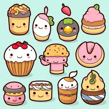 Dive into the world of Kawaii with a clipart collection featuring lovable food items. Design charming characters like smiling sushi rolls, giggling ice cream cones, and cheerful donuts. Let their expressions be infectious, radiating happiness and warmth. Add blushy cheeks, sparkles, and a touch of whimsy to make your Kawaii clipart set irresistibly cute and perfect for adding a playful touch to any project. Kawaii. White background, soft lighting.