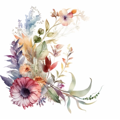 watercolor, wildflower, bottom left-hand corner scroll ideal for wedding stationery, clipart