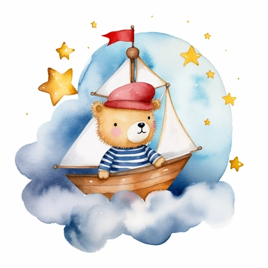 dreamy night sky clouds and a swarm of golden stars. a cute plushie sailor bear in a blue and white striped shirt and a sailor hat and a small red bowtie, in a wooden sailboat with a white sail, sailing on fluffy clouds, not sea. prominent visible brush strokes, watercolour texture, watercolor clipart png on white background