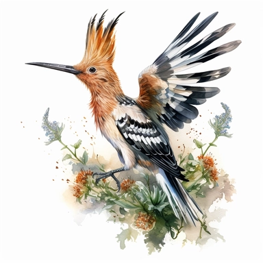 Eurasian hoopoe with plants, watercolor, sharp illustration clipart, insane detail, white background